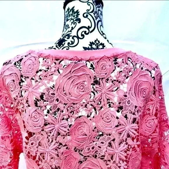 Vintage CHELSEA 28 Pink Crochet Victorian “Roses” Crew Neck 3/4 Sleeve Top (S) - Picture 6 of 7